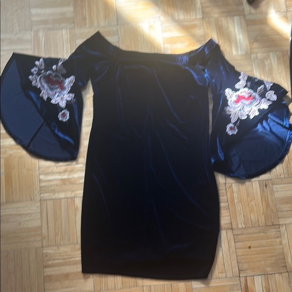 VENUS navy Blue Off-Shoulder Bodycon Dress with Bell Sleeves - Picture 1 of 3